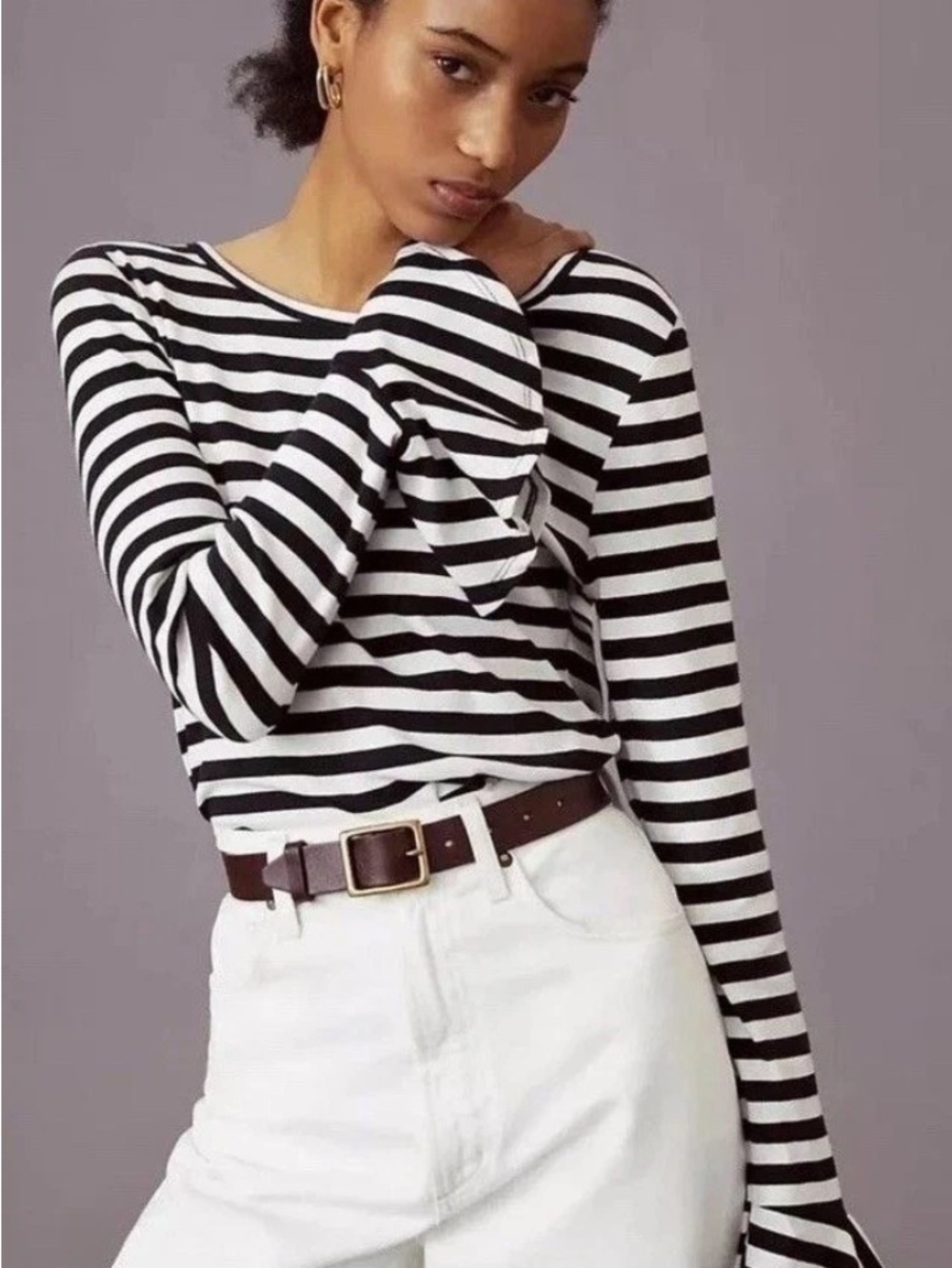 Maeve Anthropologie Striped Long Sleeve Bell Cuff Top Black White Parisian Small